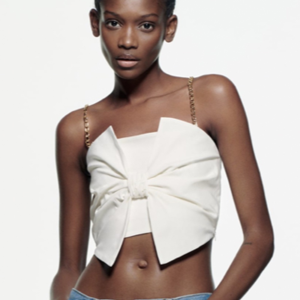 Zara Chain Strap Bow Tie Top White Blouse